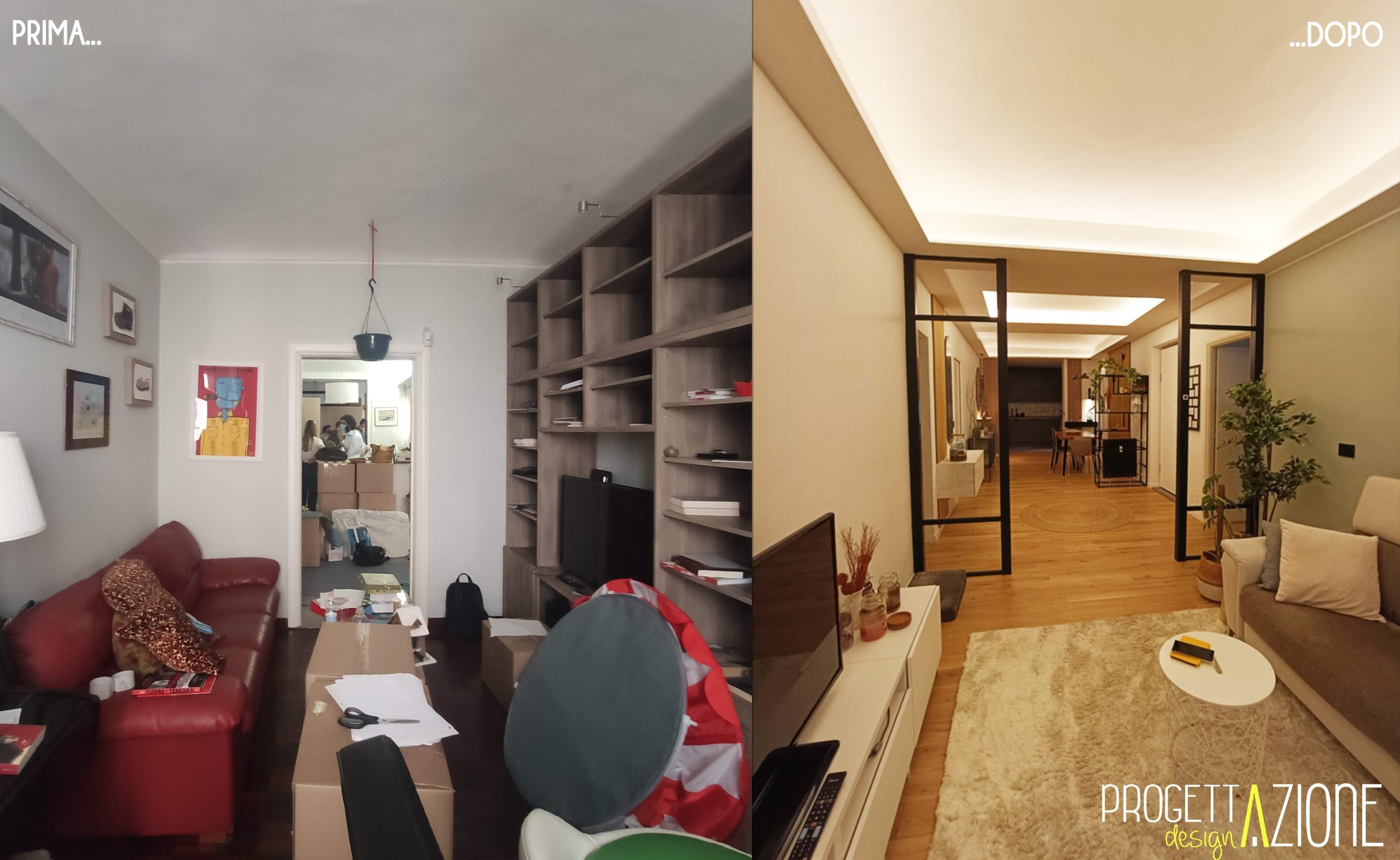 Vista del living moderno con contrasti tra legno caldo e toni scuri